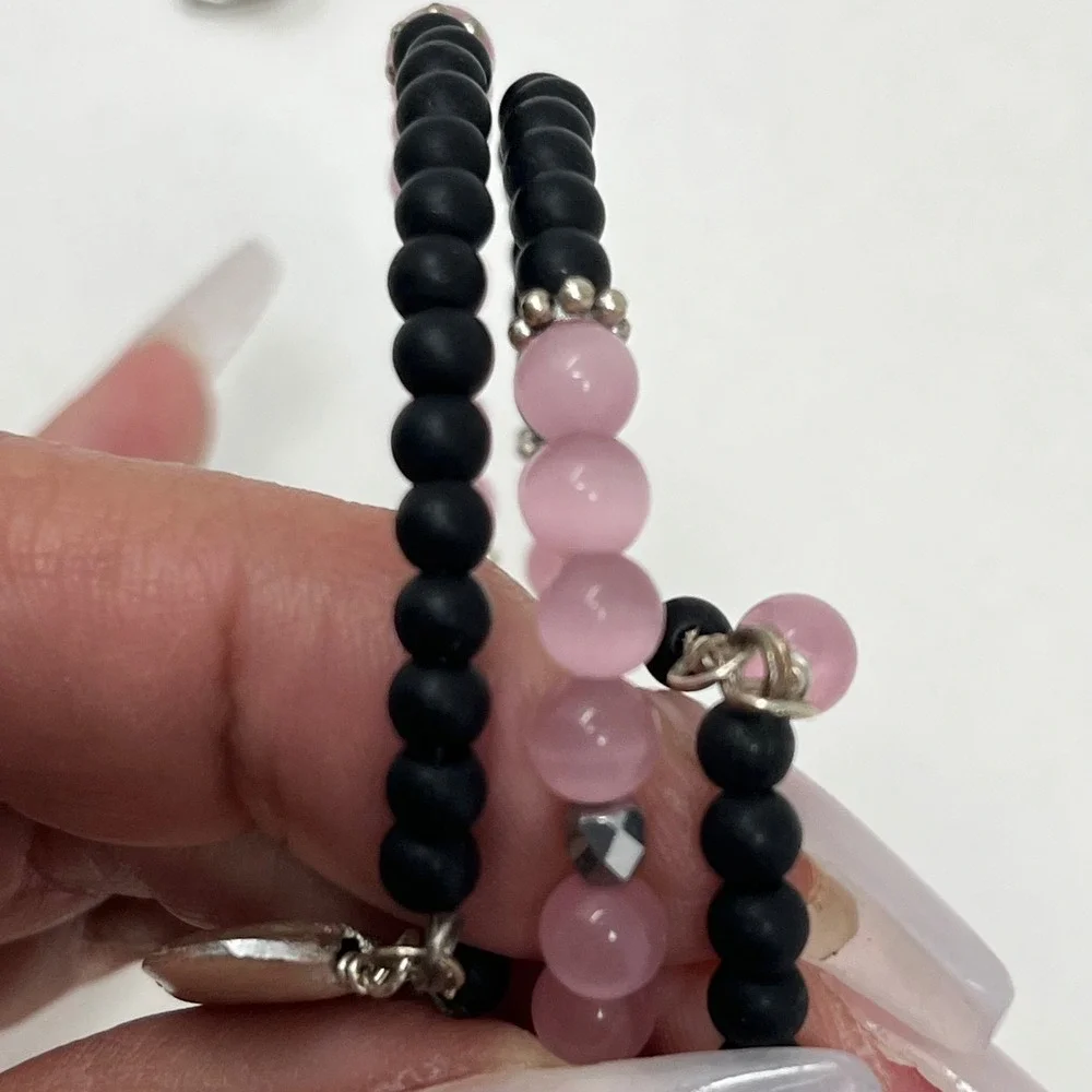 Set of 2 Beaded Heart Charm Wrap Bracelets Pink Black White Howlite Hematite Sty